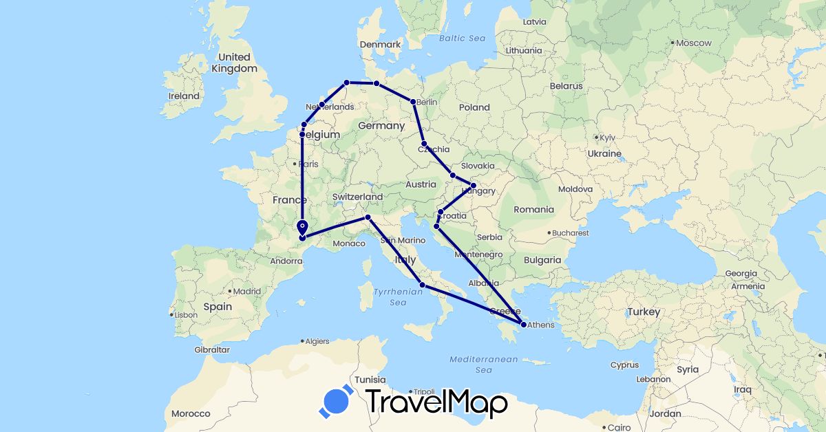 TravelMap itinerary: driving in Belgium, Czech Republic, Germany, France, Greece, Croatia, Hungary, Italy, Netherlands, Slovakia (Europe)